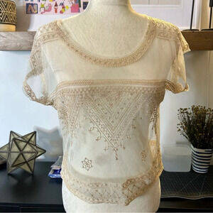 Free‎ People Sheer Short Sleeve Embroidered Top